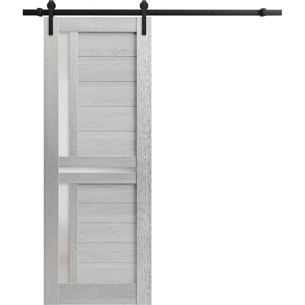 Sartodoors Sturdy Barn Door 28 x 96in, Light Grey Oak W/ Frosted Glass, 6.6FT Rail Hangers Heavy Hardware Set - VEREGIO7288BD-B-OAK-2896