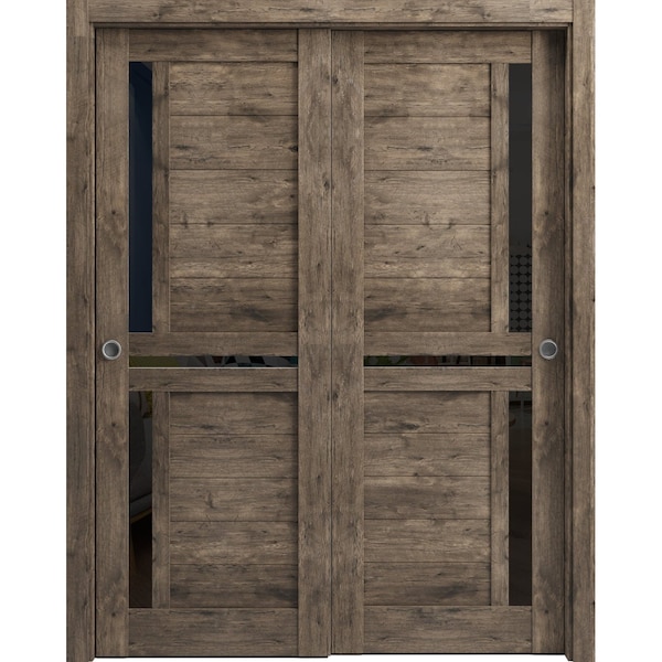 Sartodoors Sliding Closet Bypass Doors 56 x 84in, Veregio 7588 Cognac Oak W/ Black Glass, Sturdy Rails - VEREGIO7588DBD-AKA-5684