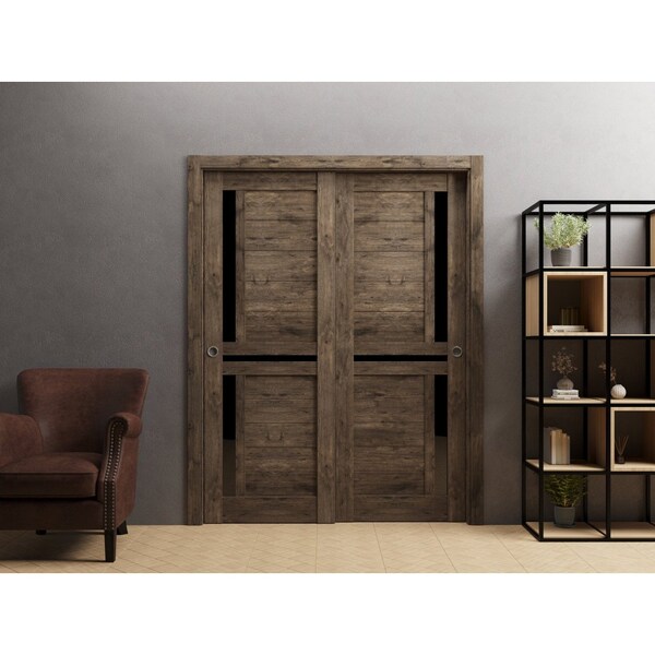 Sartodoors Sliding Closet Bypass Doors 56 x 84in, Veregio 7588 Cognac Oak W/ Black Glass, Sturdy Rails - VEREGIO7588DBD-AKA-5684