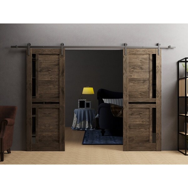 Sartodoors Sturdy Dbl Barn Door 60 x 96in W/, Cognac Oak W/ Black Glass, SS 13FT Rail Hangers Heavy Set - VEREGIO7588DB-S-AKA-6096