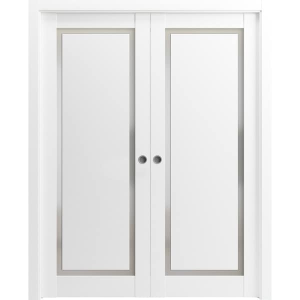 Sartodoors Sliding French Dbl Pocket Doors 64 x 80in, Painted White W/ Frosted Glass, Kit Trims Rail Hardware - PLANUM0888DP-BEM-64