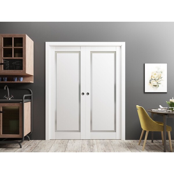 Sartodoors Sliding French Dbl Pocket Doors 64 x 80in, Painted White W/ Frosted Glass, Kit Trims Rail Hardware - PLANUM0888DP-BEM-64