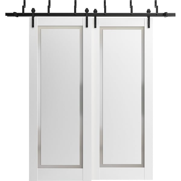 Sartodoors Sliding Closet Barn Bypass Doors 56 x 96in, Painted White W/ Frosted Glass, Sturdy 6.6ft Rails - PLANUM0888BBB-BEM-5696
