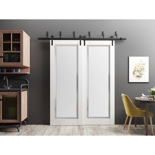 Sartodoors Sliding Closet Barn Bypass Doors 56 x 96in, Painted White W/ Frosted Glass, Sturdy 6.6ft Rails - PLANUM0888BBB-BEM-5696