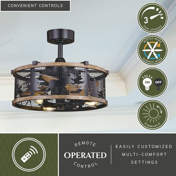 Vaxcel Kodiak Black and Burnished Teak Rustic Ceiling Fan with LED Light Kit and Remote Moose - F0103