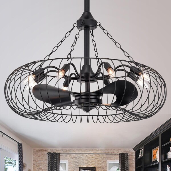 Warehouse Of Tiffany 31 in. Riane 3-Blade Fandelier with Metal Open Cage, Matte Black - CFL-8473MB