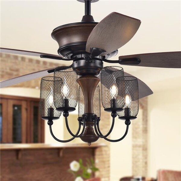 Warehouse Of Tiffany Warehouse of Tiffany CFL-8412REMO-IW 52 in. Slatin 5-Light Lighted Ceiling Fan with Mesh Shade Candelabra Chandelier; Faux Wood & Black - CFL-8412REMO/IW