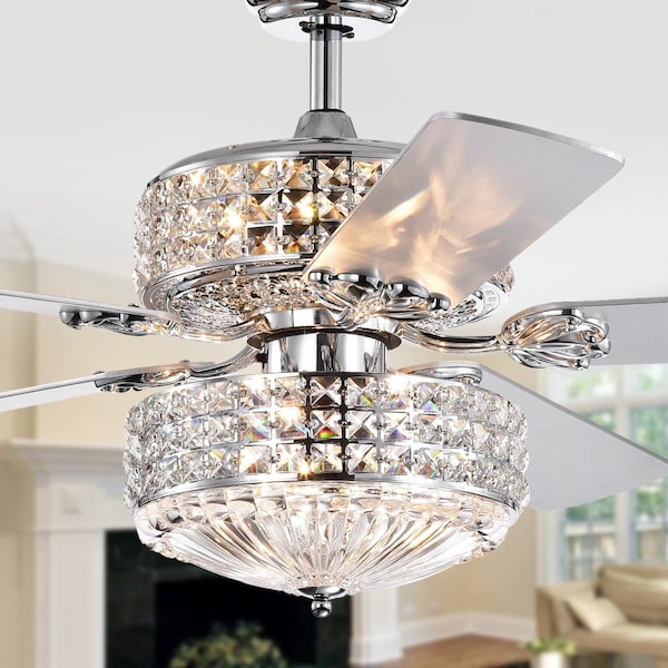 Warehouse Of Tiffany CFL-8371REMO-CHD 52 in. Germane Dual Lamp Lighted Ceiling Fan with Crystal Shades, Chrome - CFL-8371REMO/CHD
