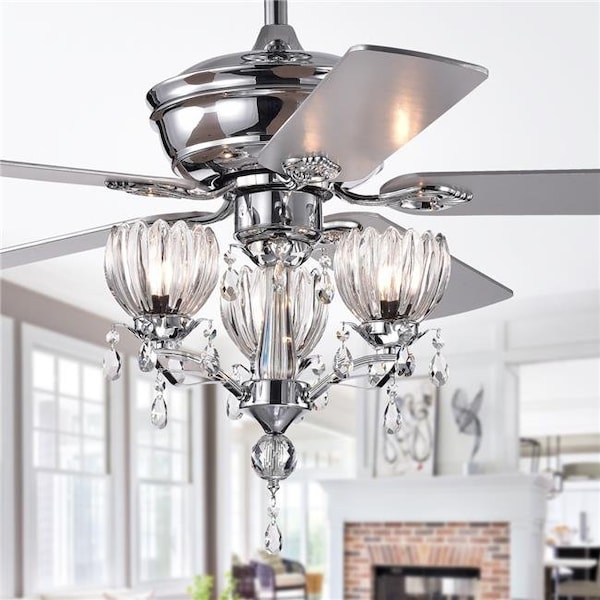 Warehouse Of Tiffany Warehouse of Tiffany CFL-8394REMO-CH 52 in. Fendal 3-Light Lighted Ceiling Fan with Flower Cup Crystal Shades; Chrome - CFL-8394REMO/CH