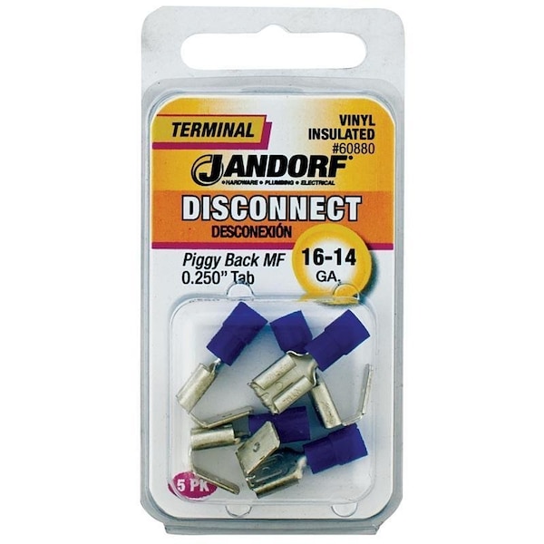 Terminal de desconexión Jandorf, cable de calibre 16 a 14 AWG, aislamiento de vinilo, contacto de cobre, azul, paquete de 5 - 60880