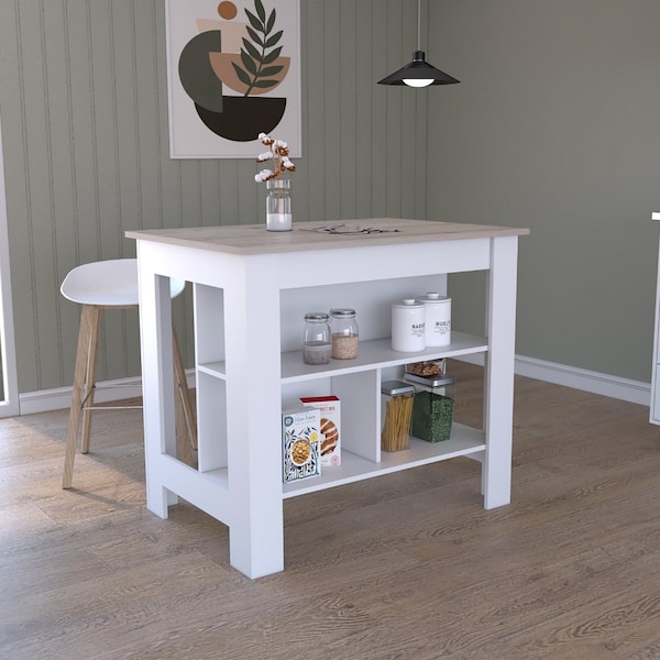 Tuhome Cala Kitchen Island Antibacterial, Three Shelves, Four Legs, Light Gray/White - AZB5772