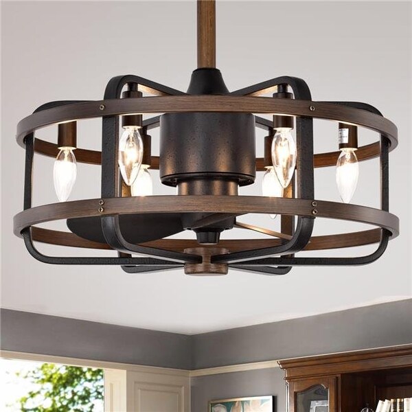 Warehouse Of Tiffany Warehouse of Tiffany CFL-8477S-IGW Carbon Loft Youngberg 3-Blade Fandelier with Caged Metal Wood Frame & Remote - Forged Black; Imitation Wood Grain - CFL-8477S-IGW
