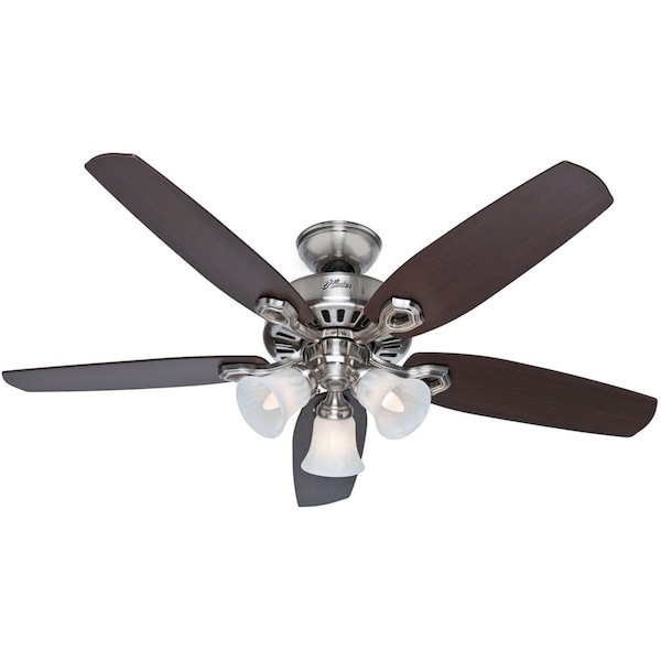 Hunter Decorative Ceiling Fan, 52 in Blade Dia, 5 Blades, 3 Speeds, 120V AC, Brushed Nickel - 53237