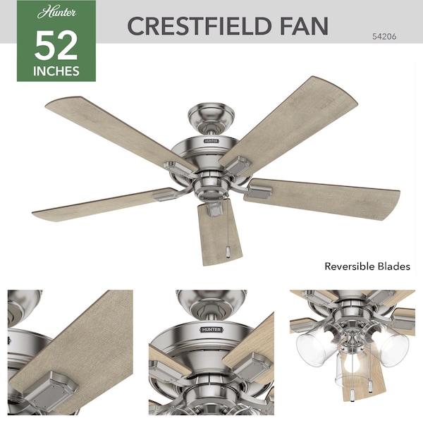Hunter Hunter Crestfield 52 in. Brushed Nickel LED Indoor Ceiling Fan - 54206