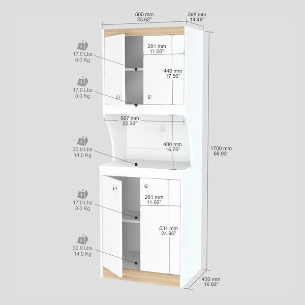 Inval Kitchen/Microwave Storage Cabinet 23.6 in.W x 16.9 in. D x 67 in. H in White and Vienes Oak - AL-3513
