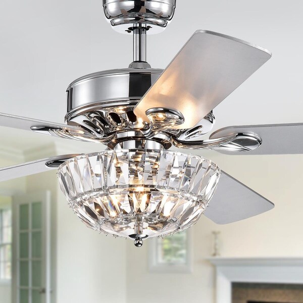 Warehouse Of Tiffany CFL-8373REMO-CH 52 in. Senma 3-Light Lighted Ceiling Fan with Crystal Bowl Shade, Chrome - CFL-8373REMO/CH