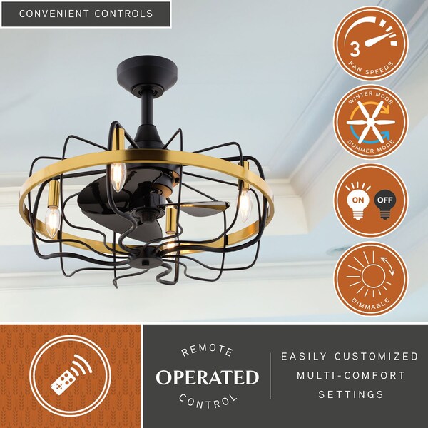 Vaxcel Kenton Black and Gold Brass Contemporary 21-in. Fandelier Ceiling Fan with Cage Light Kit & Remote - F0127
