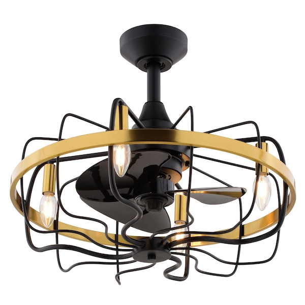 Vaxcel Kenton Black and Gold Brass Contemporary 21-in. Fandelier Ceiling Fan with Cage Light Kit & Remote - F0127