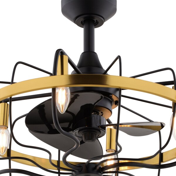 Vaxcel Kenton Black and Gold Brass Contemporary 21-in. Fandelier Ceiling Fan with Cage Light Kit & Remote - F0127
