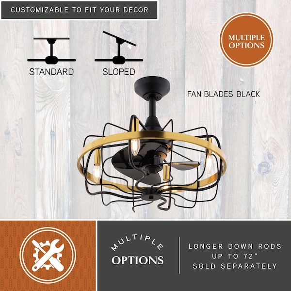 Vaxcel Kenton Black and Gold Brass Contemporary 21-in. Fandelier Ceiling Fan with Cage Light Kit & Remote - F0127