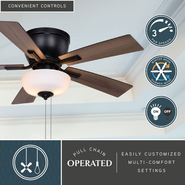 Vaxcel Lisbon 42-in. Black and Hickory Flush Mount Hugger Ceiling Fan with LED Light Kit and Pull Chain - F0089