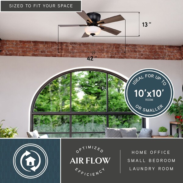 Vaxcel Lisbon 42-in. Black and Hickory Flush Mount Hugger Ceiling Fan with LED Light Kit and Pull Chain - F0089