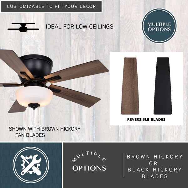 Vaxcel Lisbon 42-in. Black and Hickory Flush Mount Hugger Ceiling Fan with LED Light Kit and Pull Chain - F0089