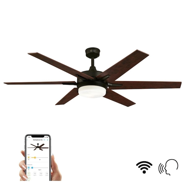 Westinghouse Ceiling Fan Indoor 60In Cayuga WIFI DmLED BkBr Rvr 6Bl Apwd/Chy Op Fr Glass - 74002B00