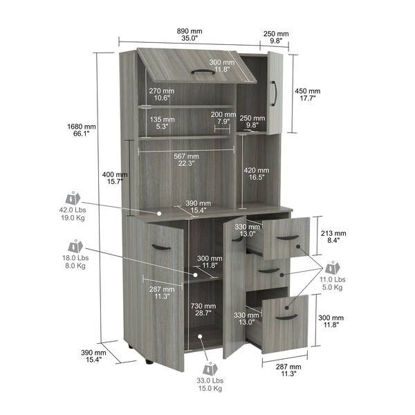 Inval Kitchen/Microwave Storage Cabinet 35.04 in. W x 15.35 in. D x 66.14 in. H in Smoke Oak - GCM-063