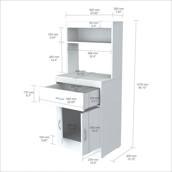 Inval Kitchen/Microwave Storage Cabinet 23.62 in. W x 15.75 in. D  x 54.13 in. H in White - GCM-040