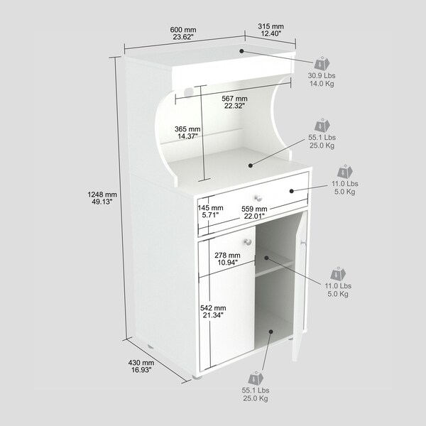 Inval Kitchen/Microwave Storage Cabinet 23.6 in. W x 17.1 in. D x 50 in. H in White - GCM-061