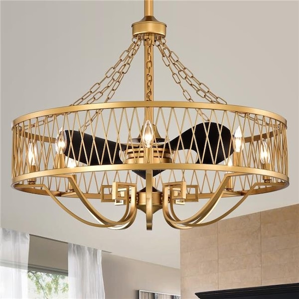 Warehouse Of Tiffany Warehouse of Tiffany CFL-8472SB 31 in. Maku 3-Blade Fandelier with Metal Drum Open Cage; Matte Gold - CFL-8472SB