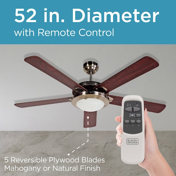 Black & Decker 52 5 - Blade Retractable Blades Ceiling Fan with Pull Chain and Light Kit Included - BCF5211R
