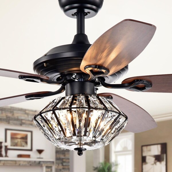 Warehouse Of Tiffany CFL-8366REMO-MB 52 in. Makore Lighted Ceiling Fan with Crystal Shade, Matte Black - CFL-8366REMO/MB