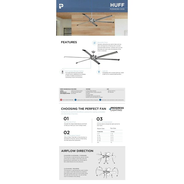 Progress Lighting Huff Collection Indoor/Outdoor 96" Six-Blade Brshed Nickel Ceiling Fan - P250030-009
