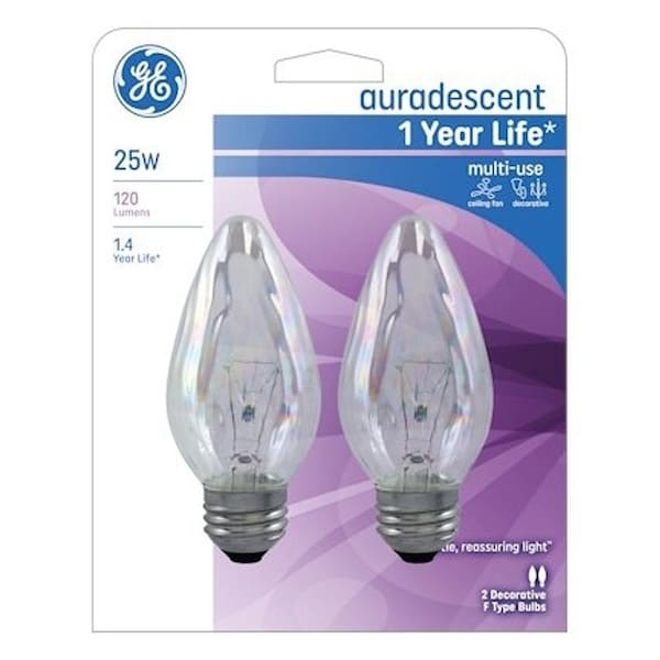 Ge Ceiling Fan Bulb, 25 W, F15 Lamp, E26 Medium Lamp Base, 170 Lumens, Auradescent Light, 2PK - 75340