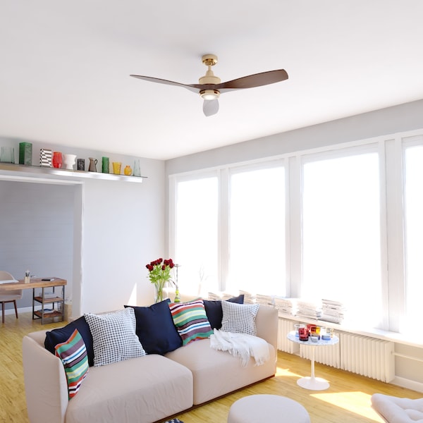 Vaxcel Curtiss Satin Brass Mid-Century Modern MCM Wood Propeller Ceiling Fan with LED Light Kit and Remote - F0097