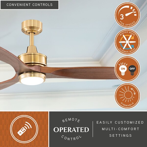 Vaxcel Curtiss Satin Brass Mid-Century Modern MCM Wood Propeller Ceiling Fan with LED Light Kit and Remote - F0097