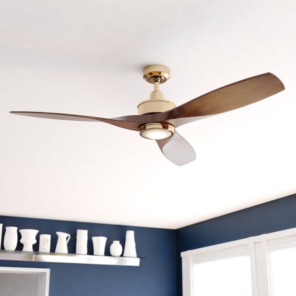 Vaxcel Curtiss Satin Brass Mid-Century Modern MCM Wood Propeller Ceiling Fan with LED Light Kit and Remote - F0097