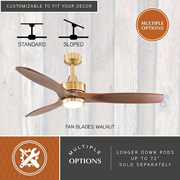 Vaxcel Curtiss Satin Brass Mid-Century Modern MCM Wood Propeller Ceiling Fan with LED Light Kit and Remote - F0097