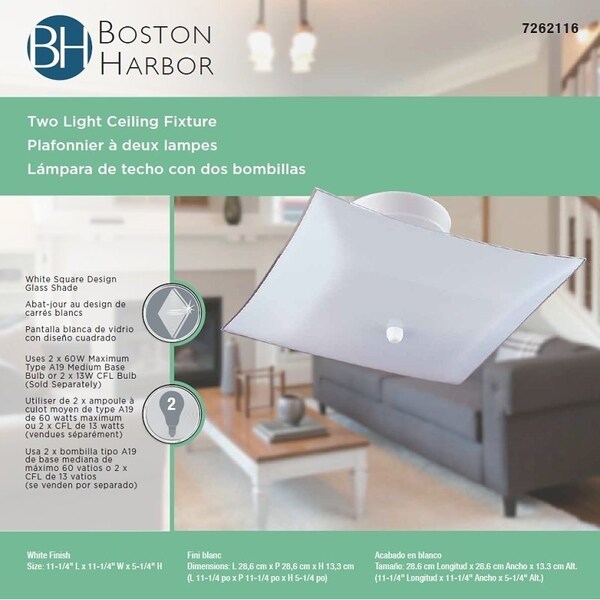 Boston Harbor Ceiling Light Fixture, 2Lamp, CFL Lamp, White Fixture - F98WH02-12643L
