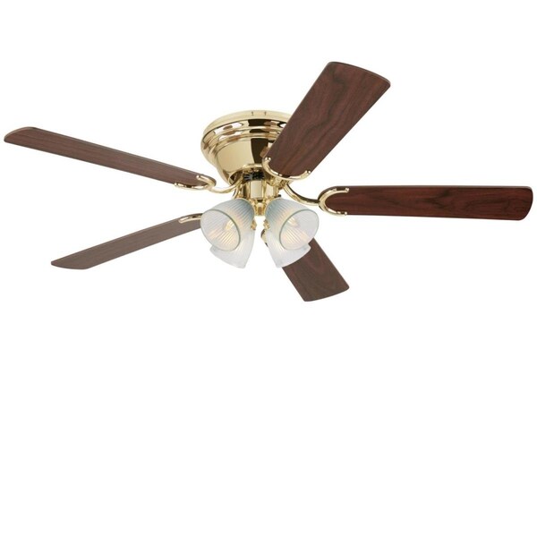Brightbomb 52 in. Ceiling Fan, Dimmable LED Light Fixture Polished Brass Finish Walnut & Oak Clear Ribbed Glass - BR2690184