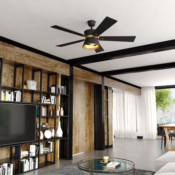 Vaxcel Scottsdale Black and Gold Mid-Century Modern 52-in. Ceiling Fan with LED Light Kit and Remote - F0126