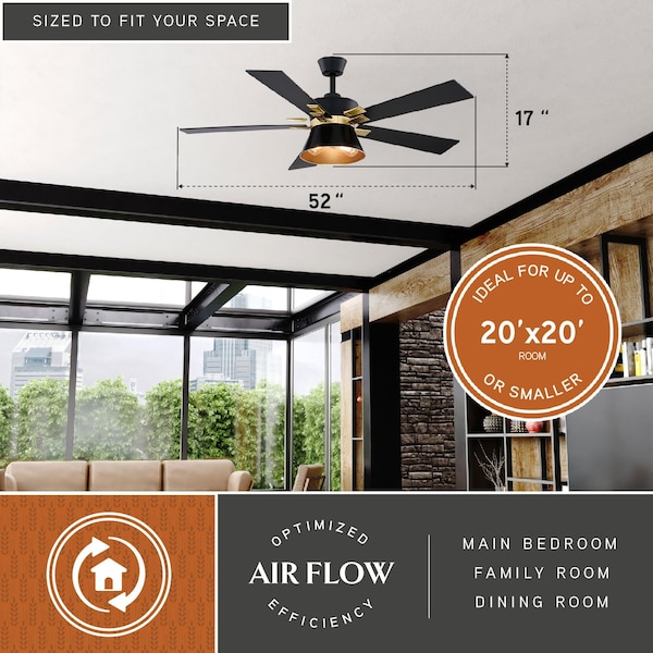 Vaxcel Scottsdale Black and Gold Mid-Century Modern 52-in. Ceiling Fan with LED Light Kit and Remote - F0126