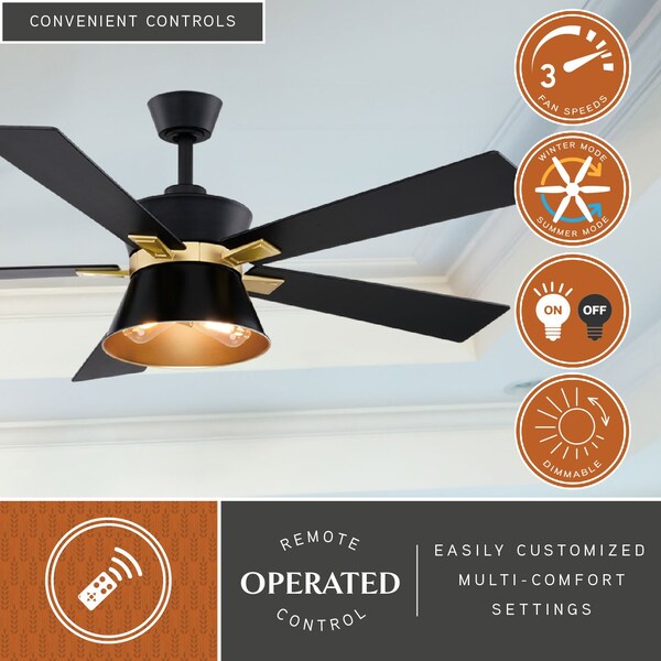 Vaxcel Scottsdale Black and Gold Mid-Century Modern 52-in. Ceiling Fan with LED Light Kit and Remote - F0126