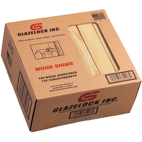 Glazelock 8" x 1-1/4" x 3/8" Natural Pine Wood Shims 120pk Retail Box - WS03