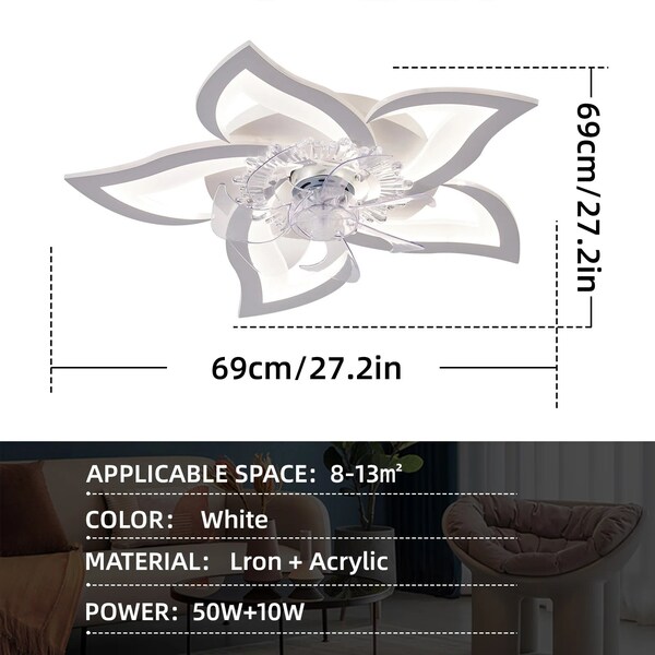 Bansa Rose 27.2in Integrated LED Indoor White Flower-Shaped Lighting Fan with 6 Speed, 3 Color Temps - IR-7501W
