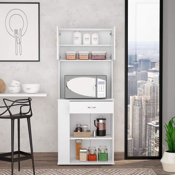 Homeroots White Pantry Cabinet with Two Door Panels & Side Open Shelves - 473314