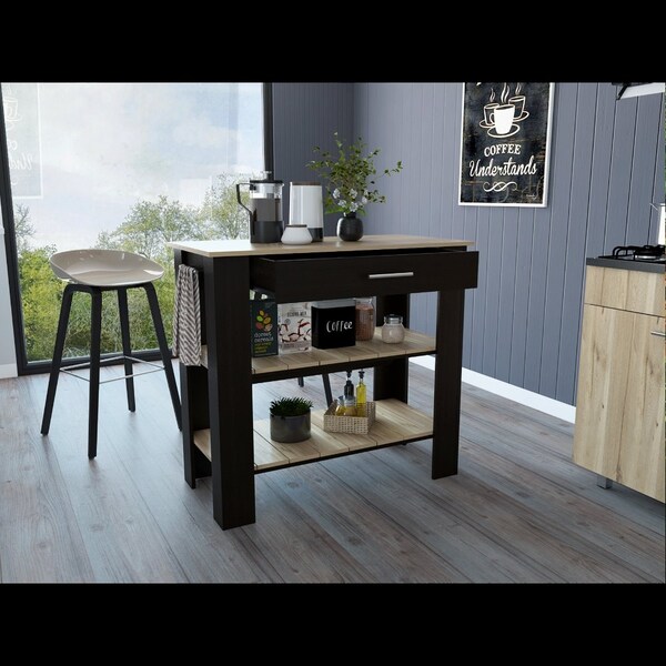Tuhome Cala Kitchen Island 40, Two Shelves, One Drawer, Four Legs, Black/Light Oak - AWD5777