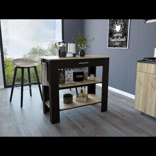 Tuhome Cala Kitchen Island 40, Two Shelves, One Drawer, Four Legs, Black/Light Oak - AWD5777